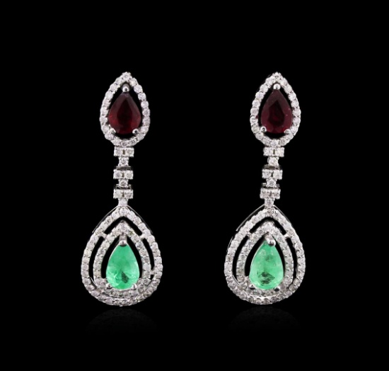 3.72 ctw Emerald, Ruby and Diamond Earrings - 14KT White Gold