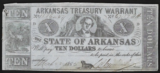 1862 $10 State of Arkansas Treasury Warrant Note