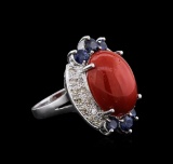 14KT White Gold 12.90 ctw Coral, Sapphire and Diamond Ring