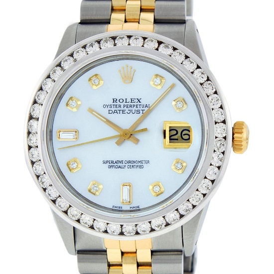Rolex Mens 2 Tone MOP 3 ctw Channel Set Diamond Datejust Wristwatch