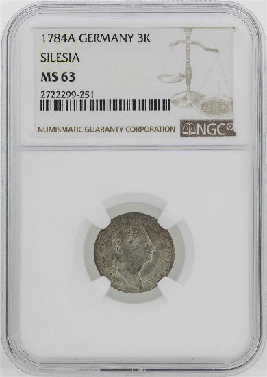 1784-A Germany Silesia 3 Krezuer Coin NGC MS63