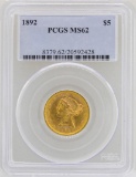 1892 $5 Liberty Head Half Eagle Gold Coin PCGS MS62