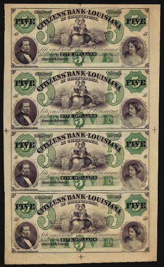 Uncut Sheet of $5 Citizens Bank of Louisiana Obsolete Notes