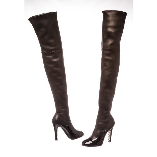 Chanel Black Leather Thigh-High Pearl Heel Boots Heels 38.5