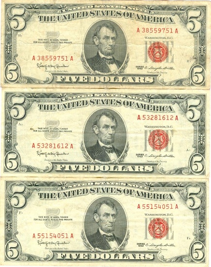 1963 $5 VG/XF Red Seal Note Lot of 3