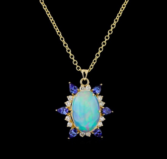 12.73 ctw Opal, Tanzanite and Diamond Pendant With Chain - 14KT Yellow Gold