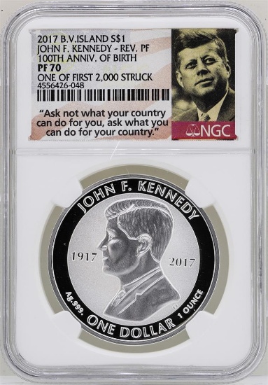 2017 British Virgin Islands $1 John F. Kennedy Reverse Proof Coin NGC PF70