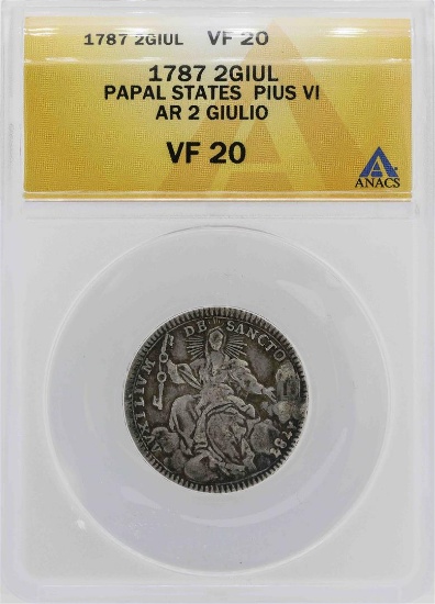 1787 Papal States Pius VI 2 Giulio Coin ANACS VF20