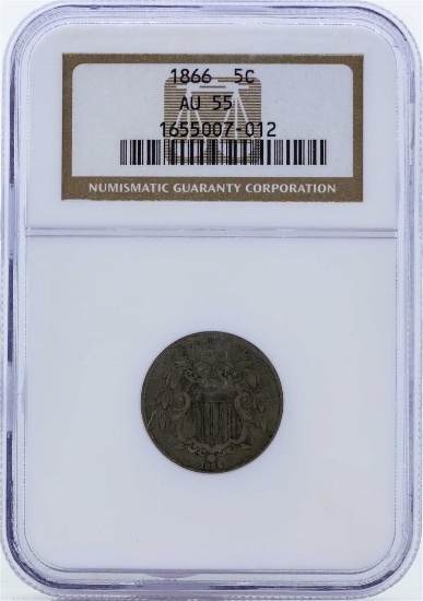 1866 Shield Nickel with Rays Coin NGC AU55