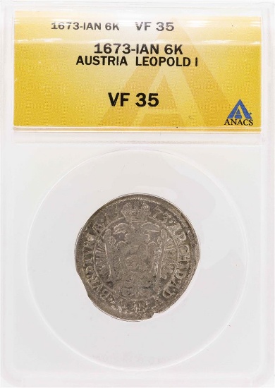 1673-Ian Austria Leopold I 6 Kreuzer Coin ANACS VF35