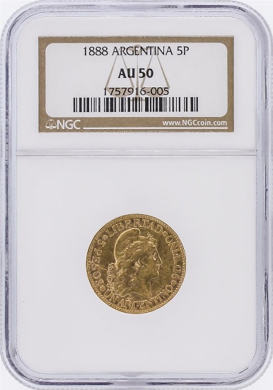 1888 NGC AU50 Argentina 5 Pesos Gold Coin