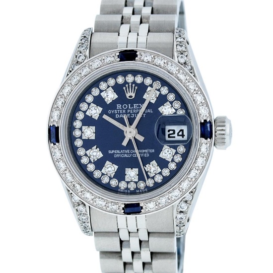 Rolex Ladies Stainless Steel 26MM Blue Diamond Lugs Datejust Wristwatch