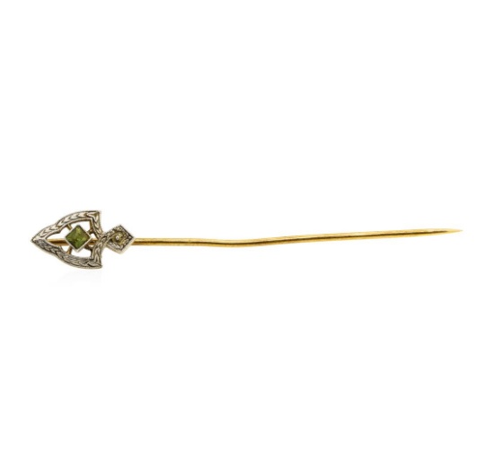 0.15 ctw Peridot Stick Pin - 14KT Yellow and White Gold