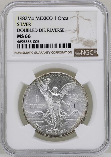 1982Mo Mexico Libertad Onza Doubled Die Reverse Silver Coin NGC MS66