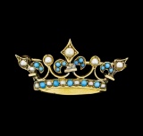 Seed Pearl and Turquoise Crown Motif Pin - 9KT Yellow Gold
