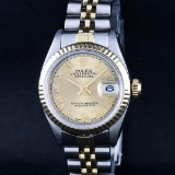 Rolex Ladies 2 Tone 14K Champagne Roman Fluted Datejust Wristwatch