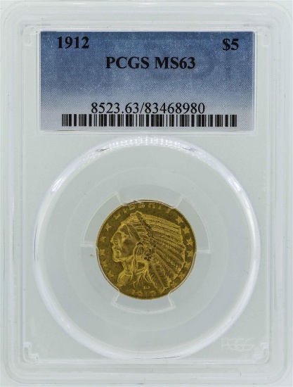 1912 $5 Indian Head Half Eagle Gold Coin PCGS MS63