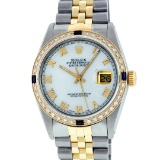 Rolex Mens 2 Tone 14K Mother Of Pearl Diamond & Sapphire 36MM Datejust Wristwatc