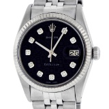 Rolex Mens Stainless Black Diamond 36MM Datejust Wristwatch