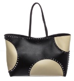 Valentino Garavani Black and Off White Leather Polka Dot Rockstud Tote Handbag