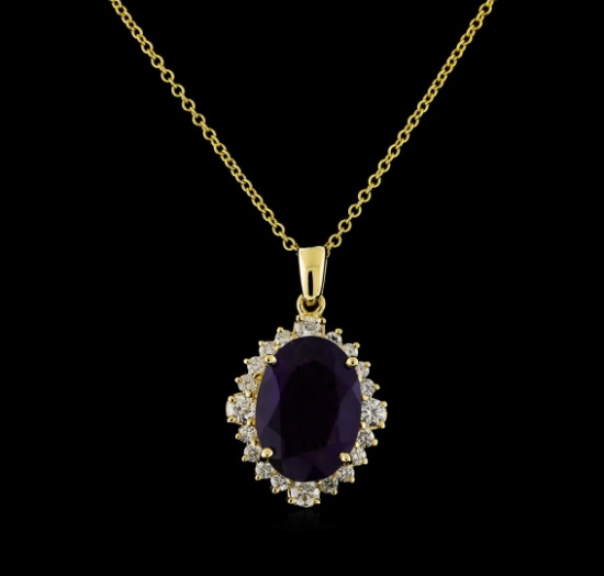 4.40 ctw Amethyst and Diamond Pendant With Chain - 14KT Yellow Gold