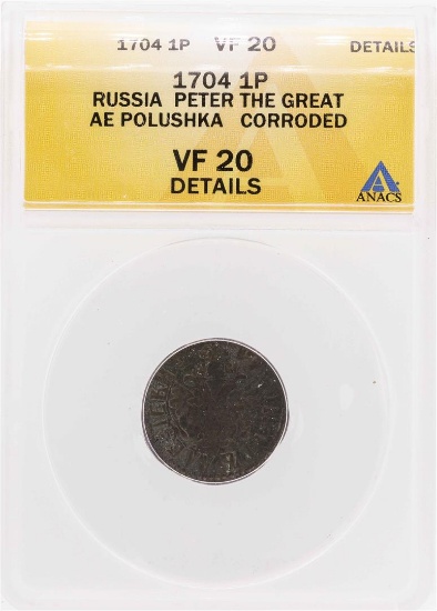 1704 Russia Peter the Great AE Polushka Coin ANACS VF20 Details