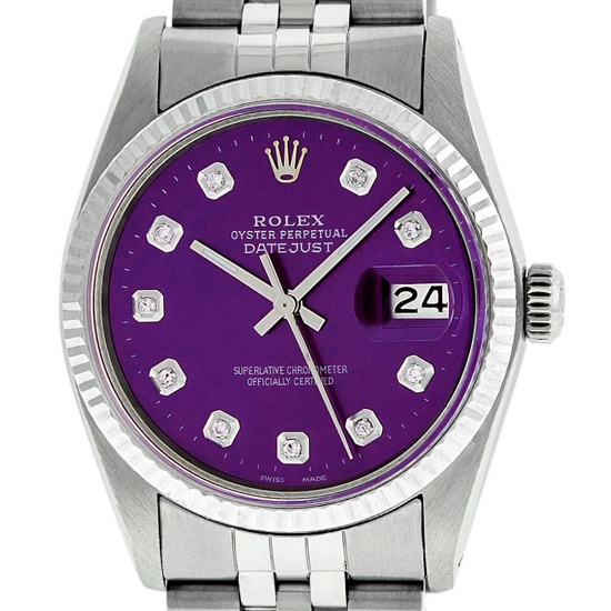 Rolex Mens Stainless Steel Purple Diamond 36MM Datejust Wristwatch