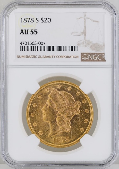 1878-S $20 Liberty Head Double Eagle Gold Coin ANACS MS55