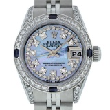 Rolex Ladies Stainless Steel Quickset Blue MOP Diamond Lugs Datejust Wristwatch