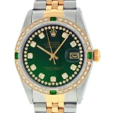 Rolex Mens 2 Tone 14K Green String Diamond & Emerald Datejust Wristwatch