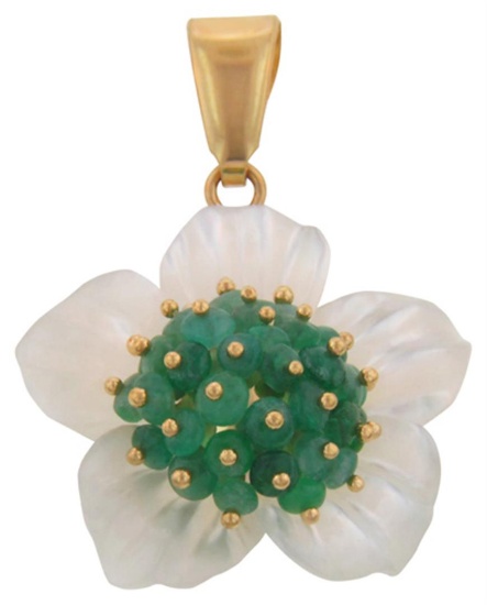 18k Yellow Gold  0.00CTW Mother Of Pearl and Emerald Pendant