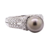 0.86 ctw Tahitian Pearl and Diamond Ring - 14KT White Gold