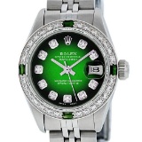 Rolex Ladies Stainless Steel 26MM Green Vignette Diamond Datejust Wriswatch