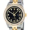 Rolex Mens 2 Tone 14K Black String Princess Cut Diamond Datejust Wristwatch