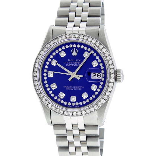 Rolex Mens Stainless Steel Blue String Diamond 36MM Datejust Wristwatch