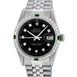 Rolex Mens Stainless Steel Black Diamond & Emerald Datejust Wristwatch