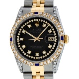 Rolex Mens 2 Tone 14K Black Diamond String Lugs & Sapphire Datejust Wristwatch