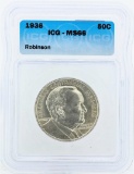 1936 Arkansas Centennial Robinson Commemorative Half Dollar Coin ICG MS66