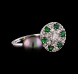 1.37 ctw Diamond, Tsavorite and Pearl Ring - 14KT White Gold