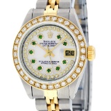 Rolex Ladies 2 Tone 14K MOP Emerald String Diamond Datejust Wristwatch