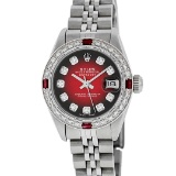 Rolex Ladies Stainless Steel Red Vignette Diamond & Ruby Datejust Wristwatch