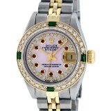 Rolex Ladies 2 Tone 14K Pink MOP Ruby & Emerald Datejust Wriswatch