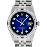 Rolex Mens SS Blue Vignette Diamond & Ruby Channel Set Diamond Datejust Wristwat