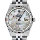 Rolex Mens SS MOP Diamond Lugs & Ruby Channel Set Diamond Datejust Wristwatch