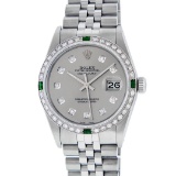 Rolex Mens Stainless Steel Slate Grey Diamond & Emerald Datejust Wristwatch