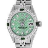 Rolex Ladies Stainless Steel Green Stamp Diamond & Emerald Datejust Wristwatch