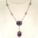 10k Yellow Gold and Silver Carved Amethyst Dangle Necklace