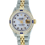 Rolex Ladies 2 Tone 14K MOP Sapphire & Diamond Channel Set Datejust Wristwatch