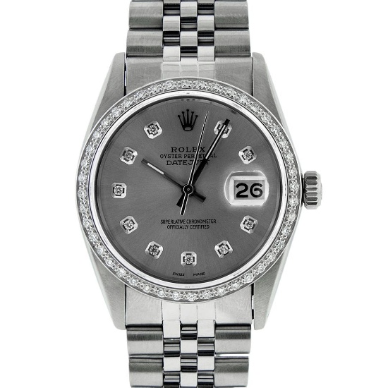 Rolex Mens Stainless Steel Slate Grey Diamond 36MM Datejust Wristwatch