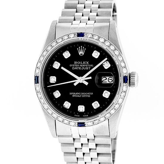 Rolex Mens Stainless Steel Slate Black Diamond & Sapphire Datejust Wristwatch